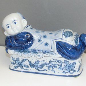 SOLD Vtg Blue White Ceramic Opium Pillow Box Headrest Man Boy Reclining EUC